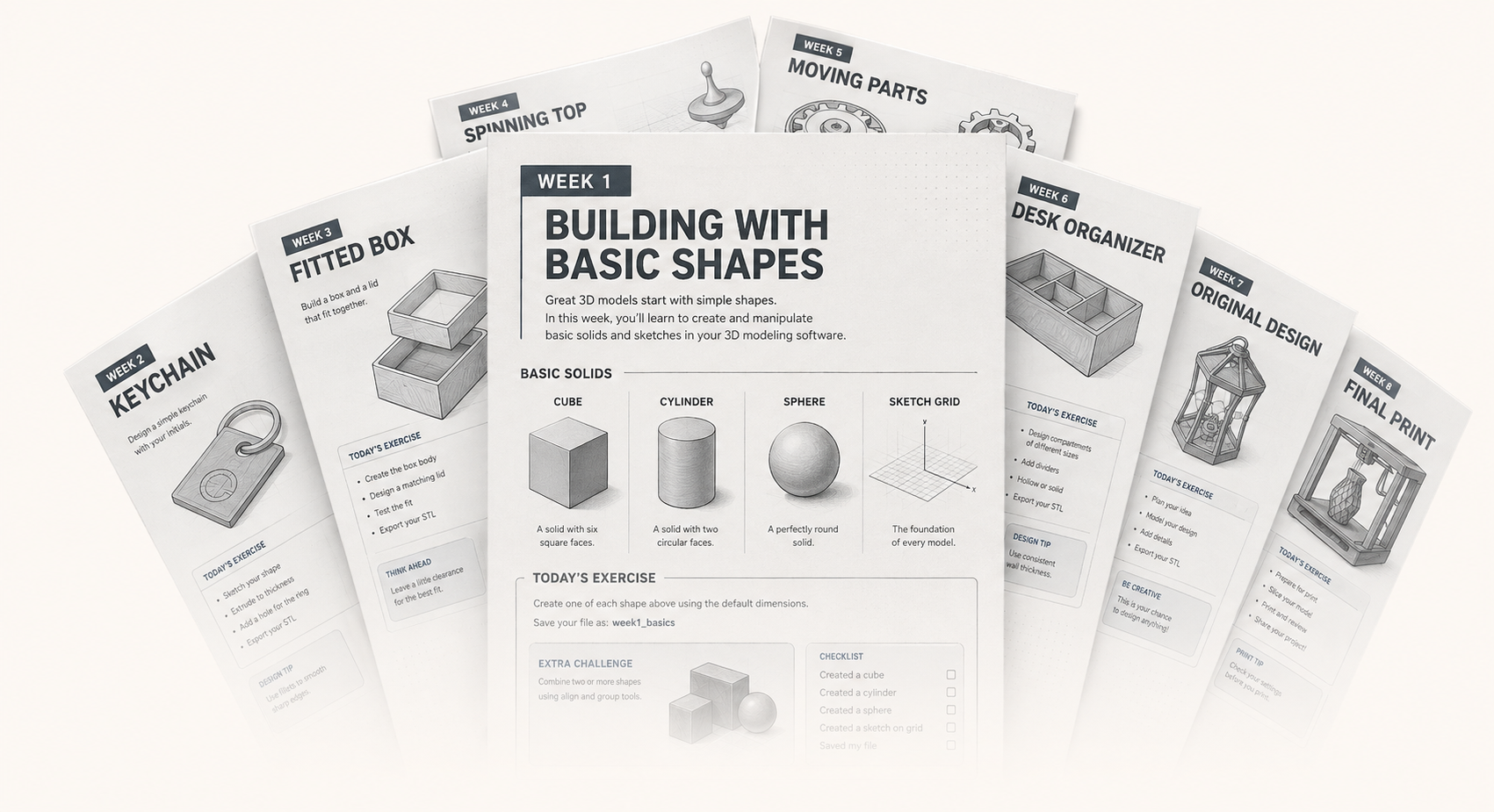 A layered spread of lesson pamphlets showing the 3D modeling course from week 1 through week 8